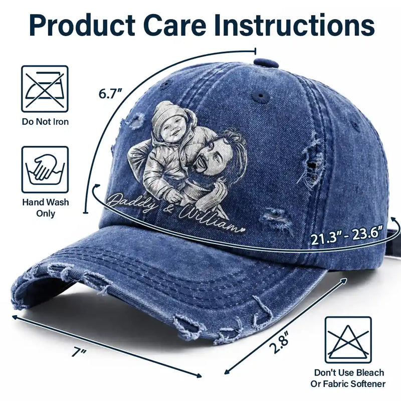Gift For Father,Custom Photo,Art Design,Adorable,Photo - Pencil Sketch - Bold - Custom Photo Bold Sketch Family Dog Cat Portrait - Personalized Distressed Cap