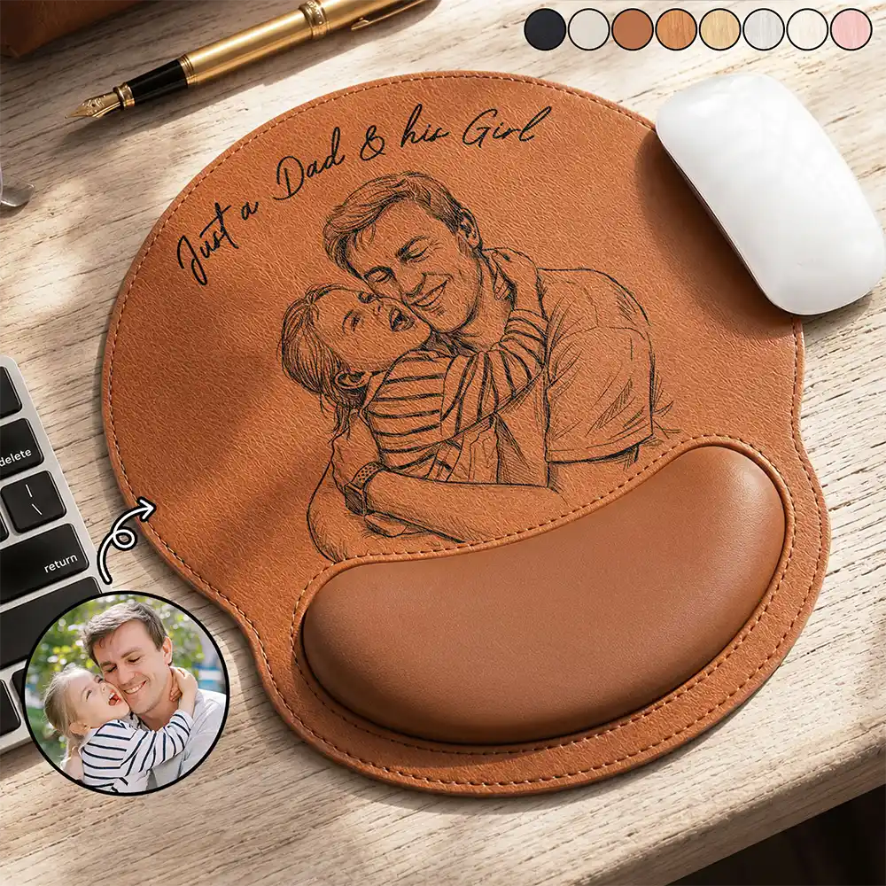 Gift For Husband,Dad - Children,Gift For Father,Non-Eng,Photo - Pencil Sketch (Bold),Sentimental - Custom Photo Bold Sketch Just A Dad And His Girl - Personalized Leather Mouse Pad