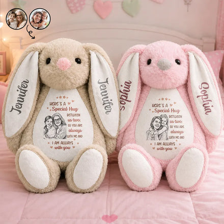 Custom Photo Bold Sketch Kid Here A Special Hug Between Us Two - Personalized Soft Toy Bunny