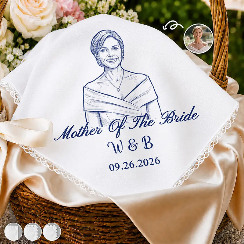 Art Design, Sentimental, Gift For Yourself, Gift For Women, Wedding, Photo - Pencil Sketch - Bold - Custom Photo Bold Sketch Mother Of The Bride Groom Keepsake - Personalized Handkerchief