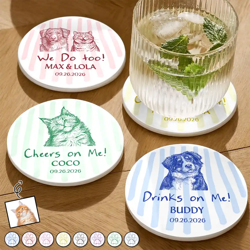 Art Design, Playful, Gift For Couples, Wedding, Photo - Pencil Sketch - Bold - Custom Photo Bold Sketch Pet Drinks On Me - Personalized Ceramic Coaster