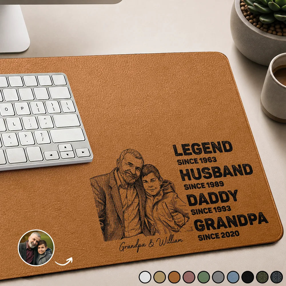 Gift For Husband,Gift For Grandpa,Gift For Father,Non-Eng,Photo - Pencil Sketch (Bold),Confident - Custom Photo Bold Sketch The Legend Husband Daddy Grandpa - Personalized Leather Desk Mat