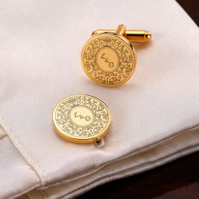 Art Design,Gift For Brother,Gift For Cousin,Gift For Sibling,Custom Photo,Romantic,Wedding,Photo - Pencil Sketch - Bold - Custom Photo Bold Sketch Wedding Couple Initials - Personalized Circular Cufflinks