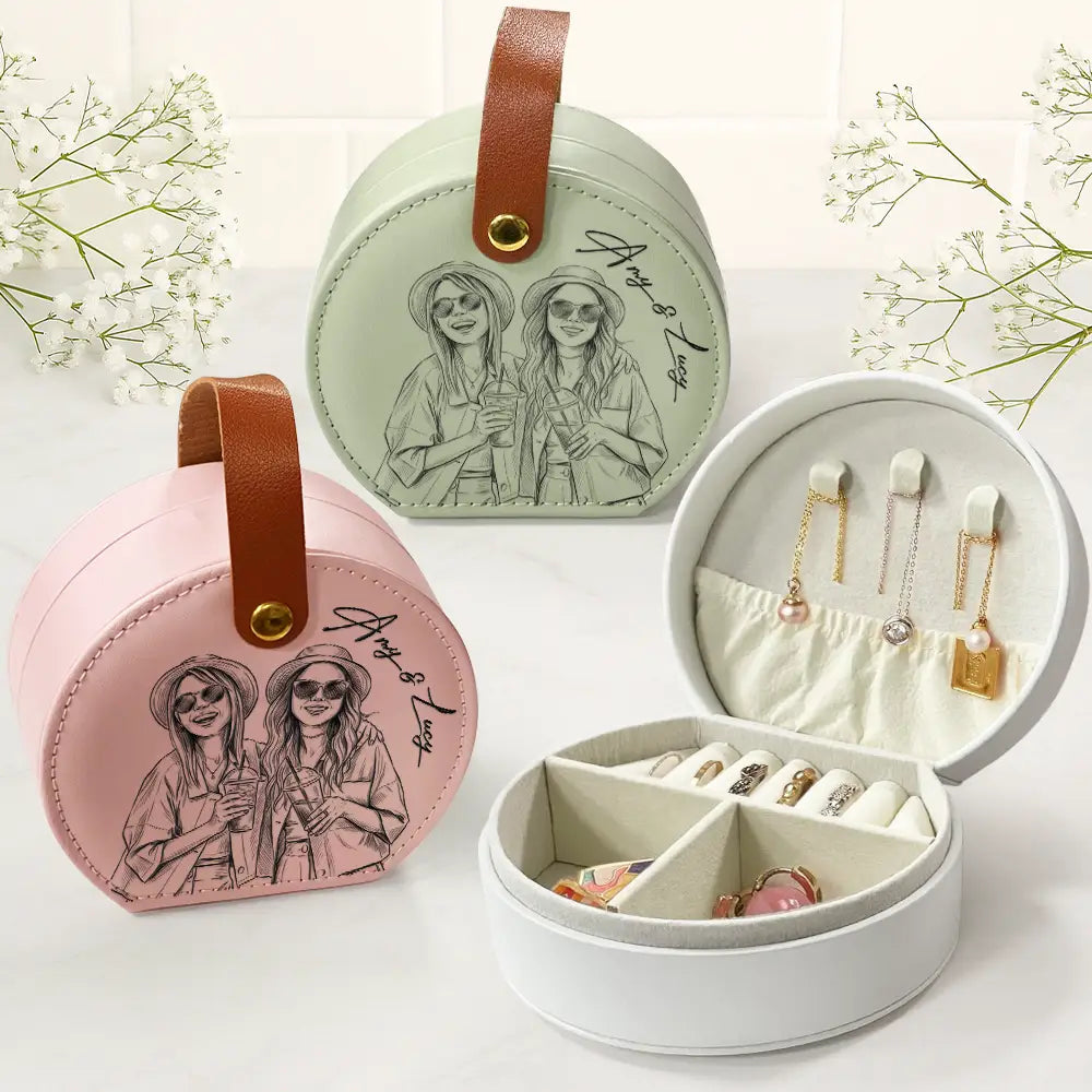 Custom Photo,Beach,Art Design,Summer,Pet Lovers,Playful,Photo - Pencil Sketch - Bold - Custom Photo Bold Sketch Woman Besties Dog Cat Portrait - Personalized Jewelry Box With Handle