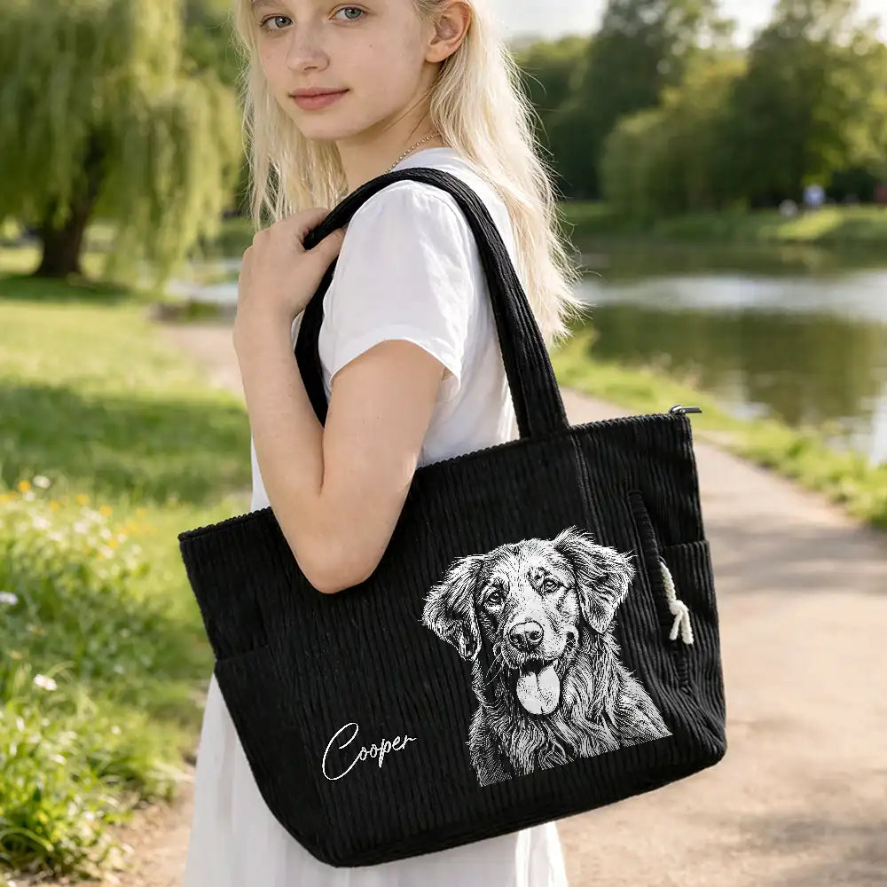 Custom Photo, Beach, Art Design, Summer, Pet Lovers, Playful, Photo - Pencil Sketch - Bold - Custom Photo Bold Sketch Woman Man Dog Cat Funny Portrait - Personalized Corduroy Tote Bag