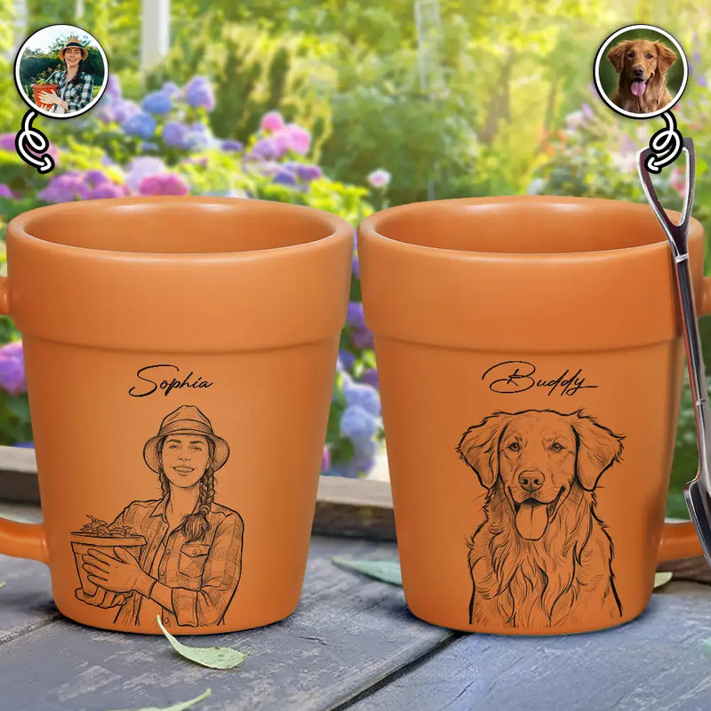 Gardening, Custom Photo, Art Design, Summer, Pet Lovers, Playful, Photo - Pencil Sketch - Bold - Custom Photo Bold Sketch Woman Man Dog Cat Funny Portrait - Personalized Plant Pot Ceramic Mug