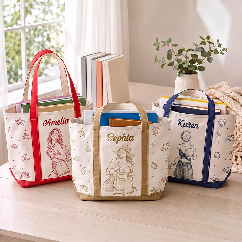 Art Design,Beach,Gift For Yourself,Gift For Women,Photo - Pencil Sketch - Bold,Happy - Custom Photo Bold Sketch Woman Portrait Summer Vibes - Personalized Fabric Tote Bag