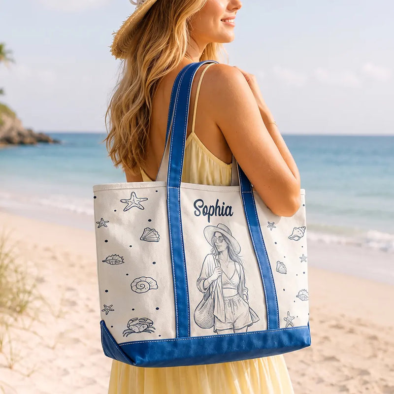 Art Design,Beach,Gift For Yourself,Gift For Women,Photo - Pencil Sketch - Bold,Happy - Custom Photo Bold Sketch Woman Portrait Summer Vibes - Personalized Fabric Tote Bag