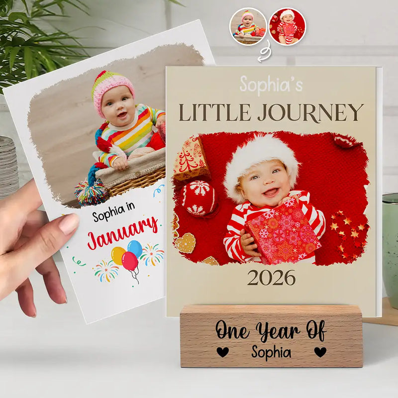 Christmas, New baby, New Dad, New Mom, Family, Happy - Custom Photo Baby Little Journey 2026 - Personalized Calendar With Wooden Stand
