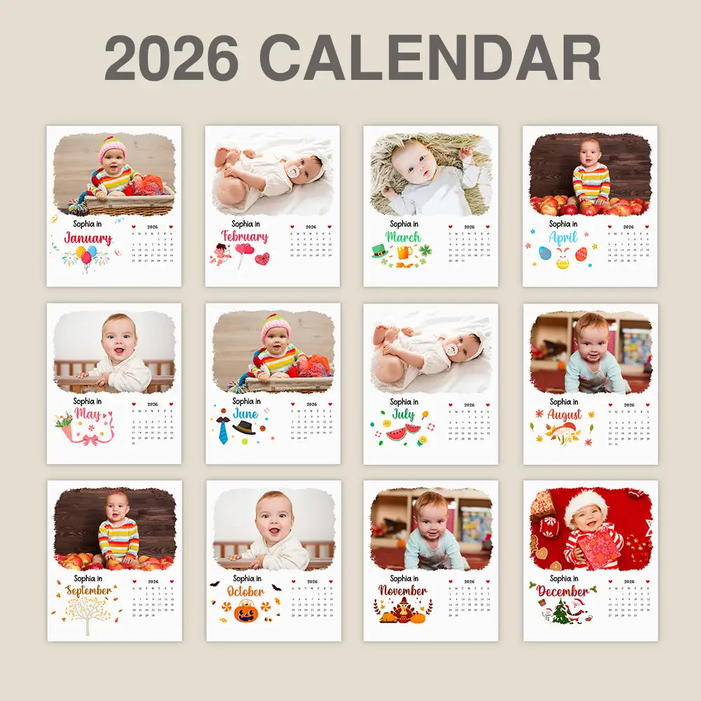 Christmas, New baby, New Dad, New Mom, Family, Happy - Custom Photo Baby Little Journey 2026 - Personalized Calendar With Wooden Stand