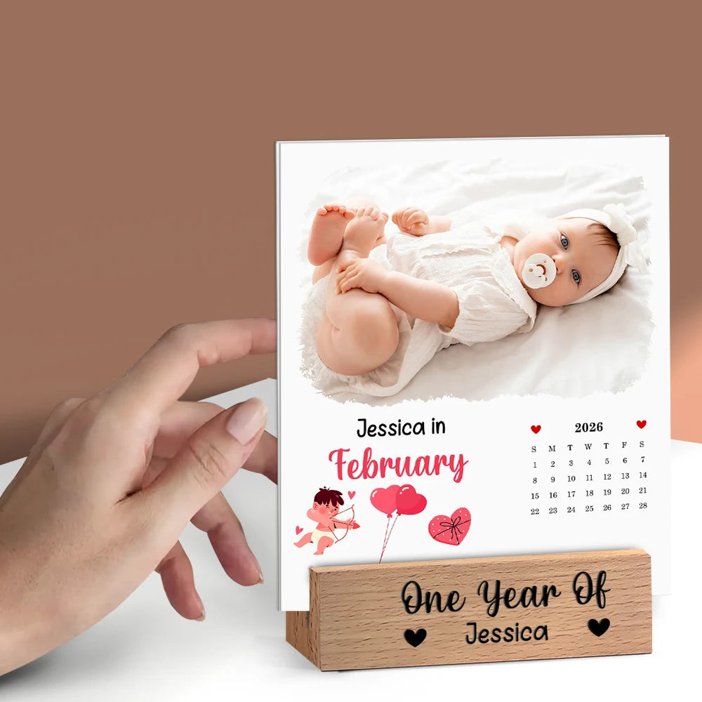 Christmas, New baby, New Dad, New Mom, Family, Happy - Custom Photo Baby Little Journey 2026 - Personalized Calendar With Wooden Stand