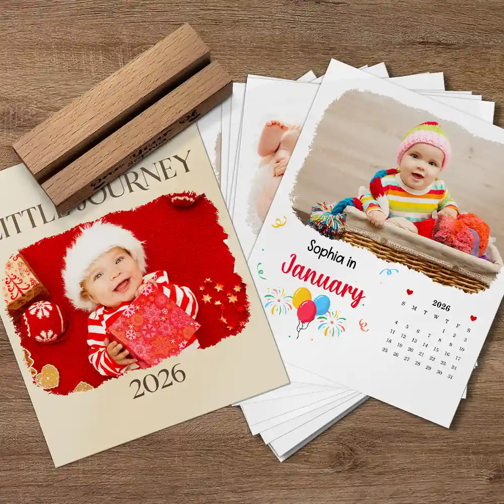 Christmas, New baby, New Dad, New Mom, Family, Happy - Custom Photo Baby Little Journey 2026 - Personalized Calendar With Wooden Stand