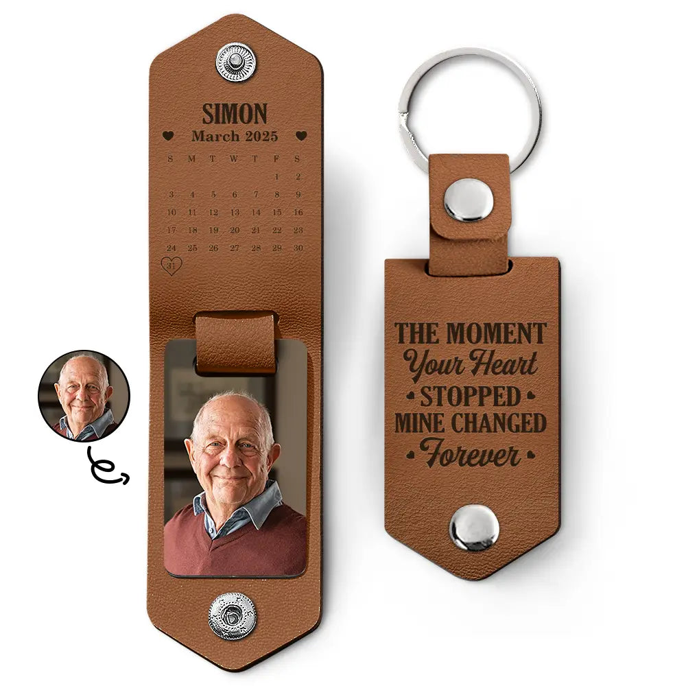 Custom Photo,Memorial,Family,Parents,Gift For Grandparents,Sad - Custom Photo Calendar The Moment Your Heart Stopped - Personalized Leather Photo Keychain