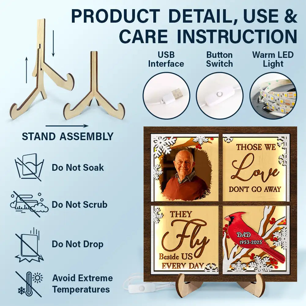 Gift For Yourself, Gift For Women, Gift For Men, Memorial, Sad, Gift For Son, Gift For Daughter - Custom Photo Cardinal They Fly Beside Us - Personalized LED Light Wooden Plaque