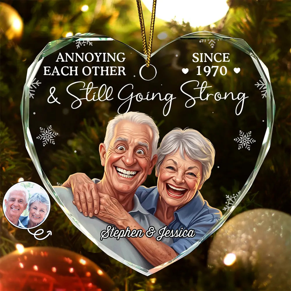 Custom Photo Caricature Annoying Each Other And Still Going Strong - Personalized Heart Shaped Glass Ornament