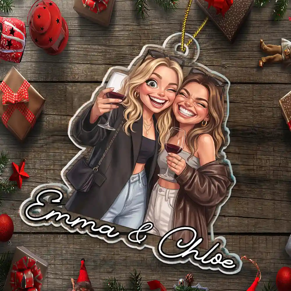 Art Design,Gift For Bestie,Playful,Christmas,Photo - Caricature - Remove BG - Custom Photo Caricature Besties Friend Forever Together - Personalized Custom Shaped Acrylic Ornament