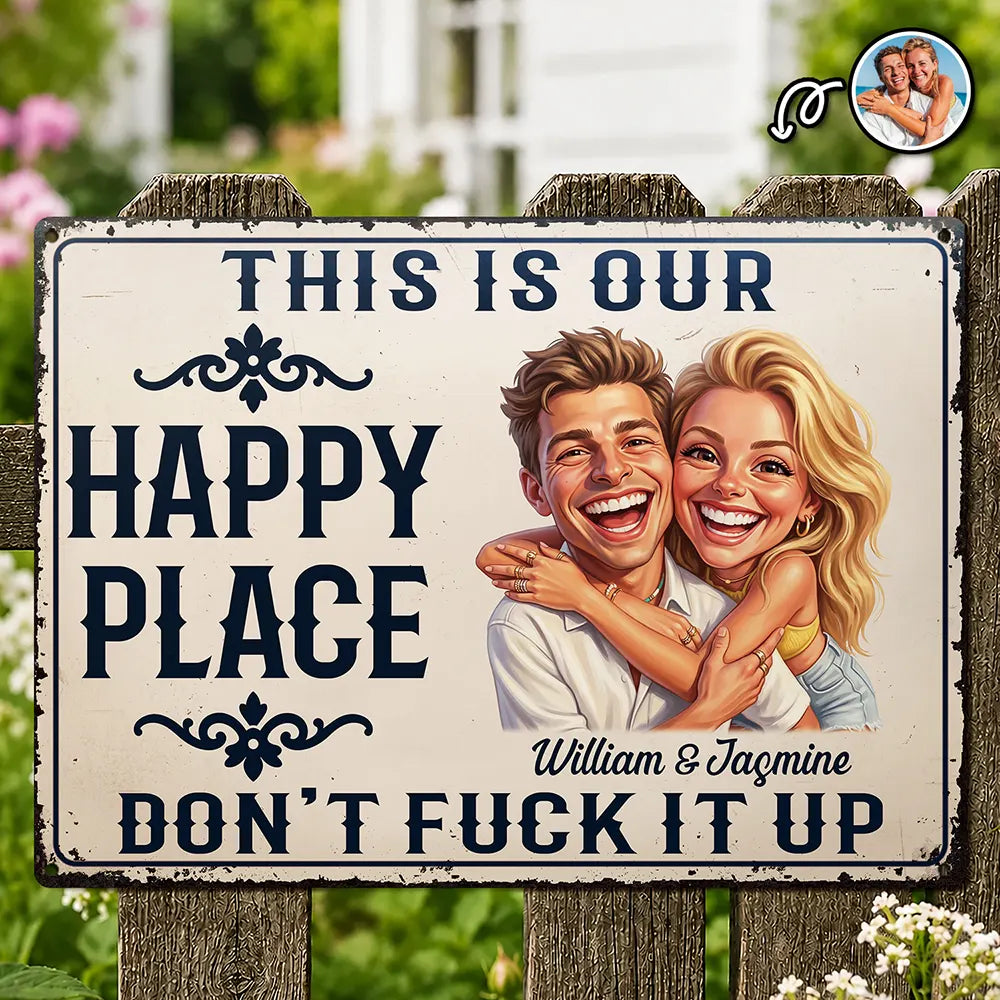 Custom Photo Caricature Couple Summer This Is Our Happy Place - Personalized Classic Metal Signs