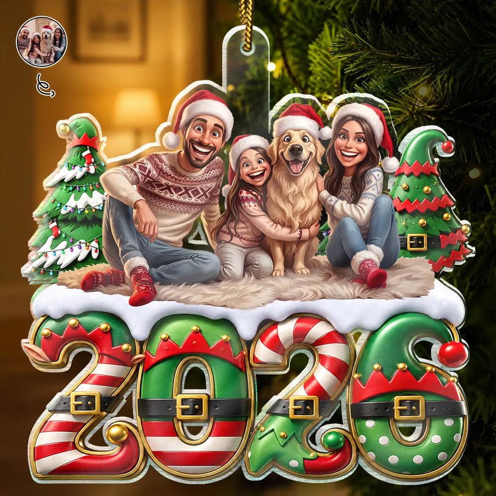Custom Photo Caricature Elf Family Siblings - Personalized Custom Shaped Acrylic Ornament