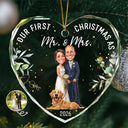 Pet Couple,Art Design,Christmas,Romantic,Pet Lovers,Gift For Couples,Photo - Caricature - Remove BG - Custom Photo Caricature Our First Christmas As Mr & Mrs Wedding Couple Pet - Personalized Heart Shaped Glass Ornament