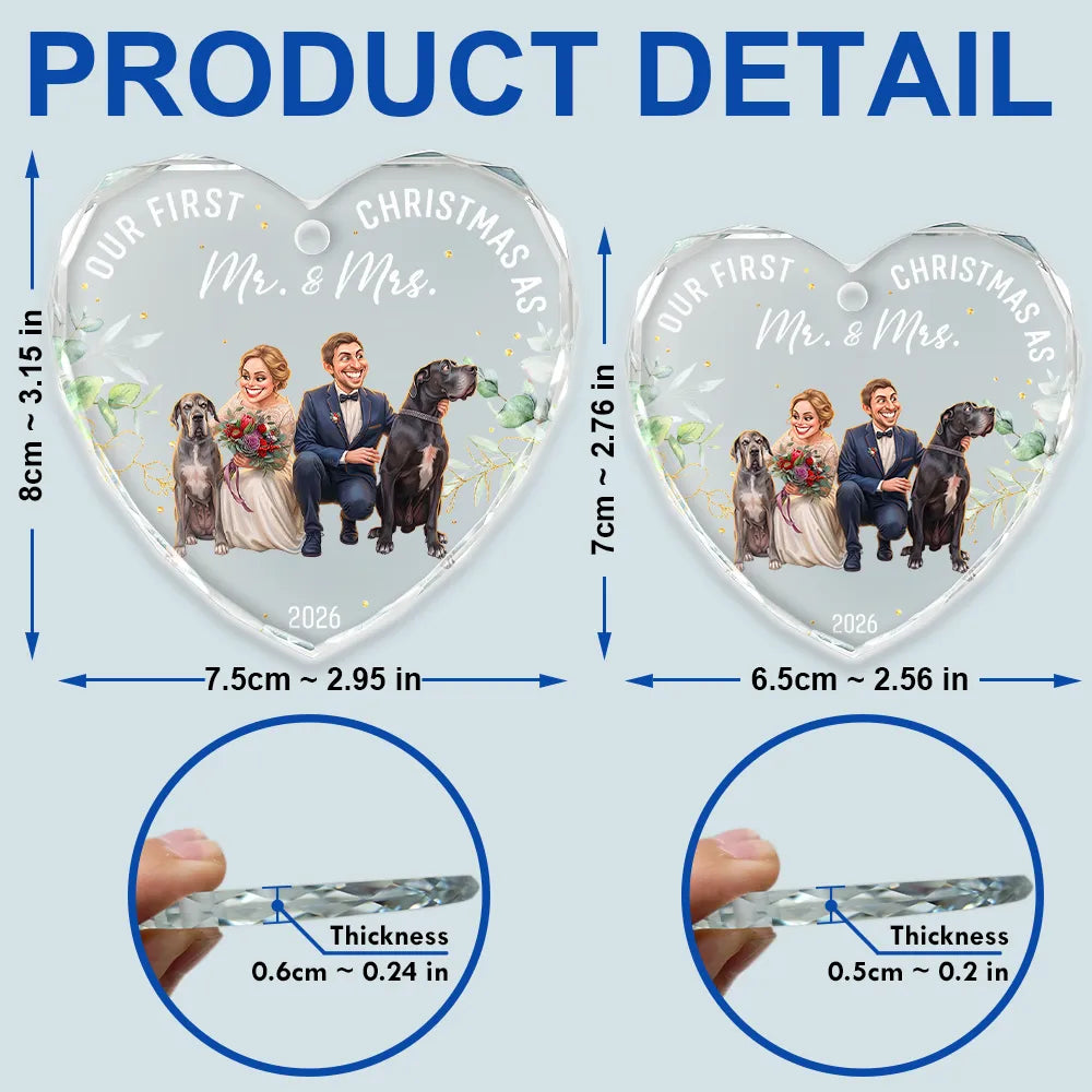Pet Couple,Art Design,Christmas,Romantic,Pet Lovers,Gift For Couples,Photo - Caricature - Remove BG - Custom Photo Caricature Our First Christmas As Mr & Mrs Wedding Couple Pet - Personalized Heart Shaped Glass Ornament