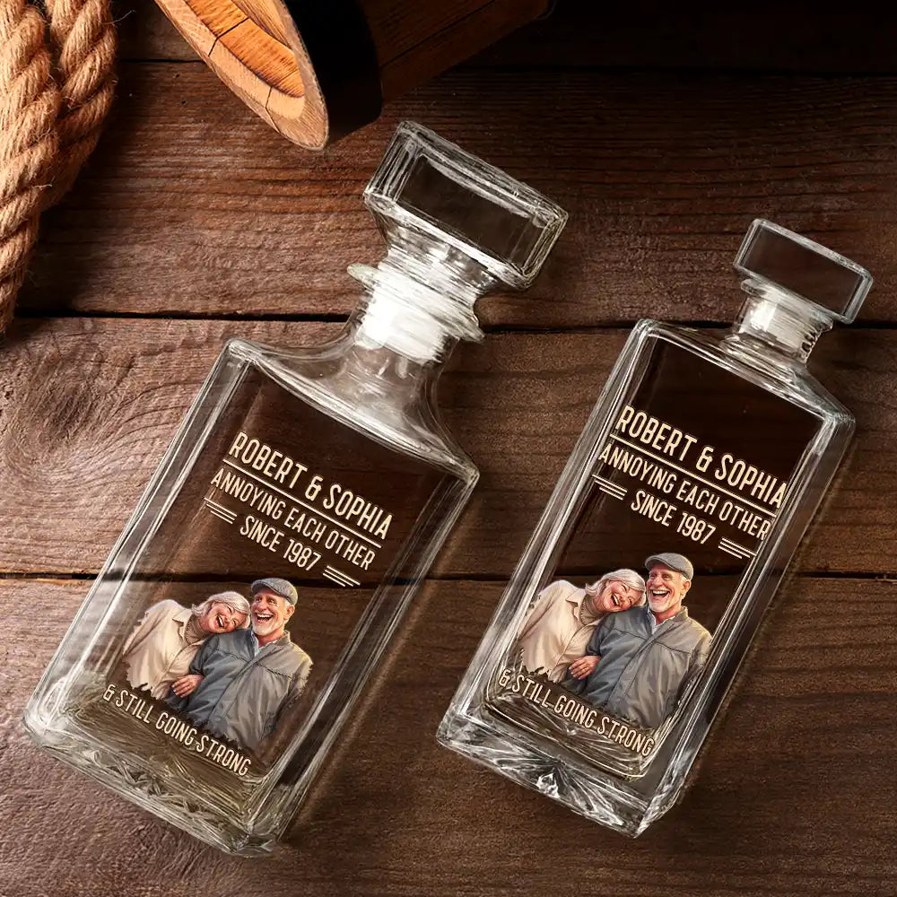 Custom Photo, Art Design, Gift For Couples, Old Couples, Wedding Anniversary, Humorous, Photo - Caricature - Remove BG - Custom Photo Caricature Vintage Annoying Each Other - Personalized Square Whiskey Bottle