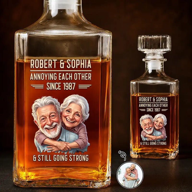 Custom Photo, Art Design, Gift For Couples, Old Couples, Wedding Anniversary, Humorous, Photo - Caricature - Remove BG - Custom Photo Caricature Vintage Annoying Each Other - Personalized Square Whiskey Bottle