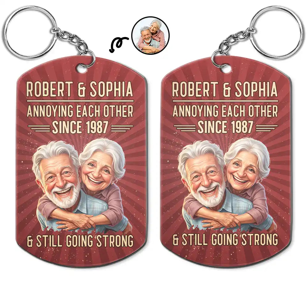 Custom Photo,Art Design,Gift For Couples,Old Couples,Wedding Anniversary,Humorous,Photo - Caricature - Remove BG - Custom Photo Caricature Vintage Annoying Each Other - Personalized Aluminum Keychain