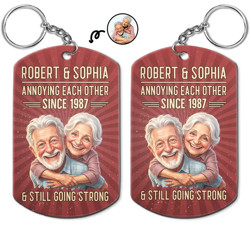 Custom Photo,Art Design,Gift For Couples,Old Couples,Wedding Anniversary,Humorous,Photo - Caricature - Remove BG - Custom Photo Caricature Vintage Annoying Each Other - Personalized Aluminum Keychain