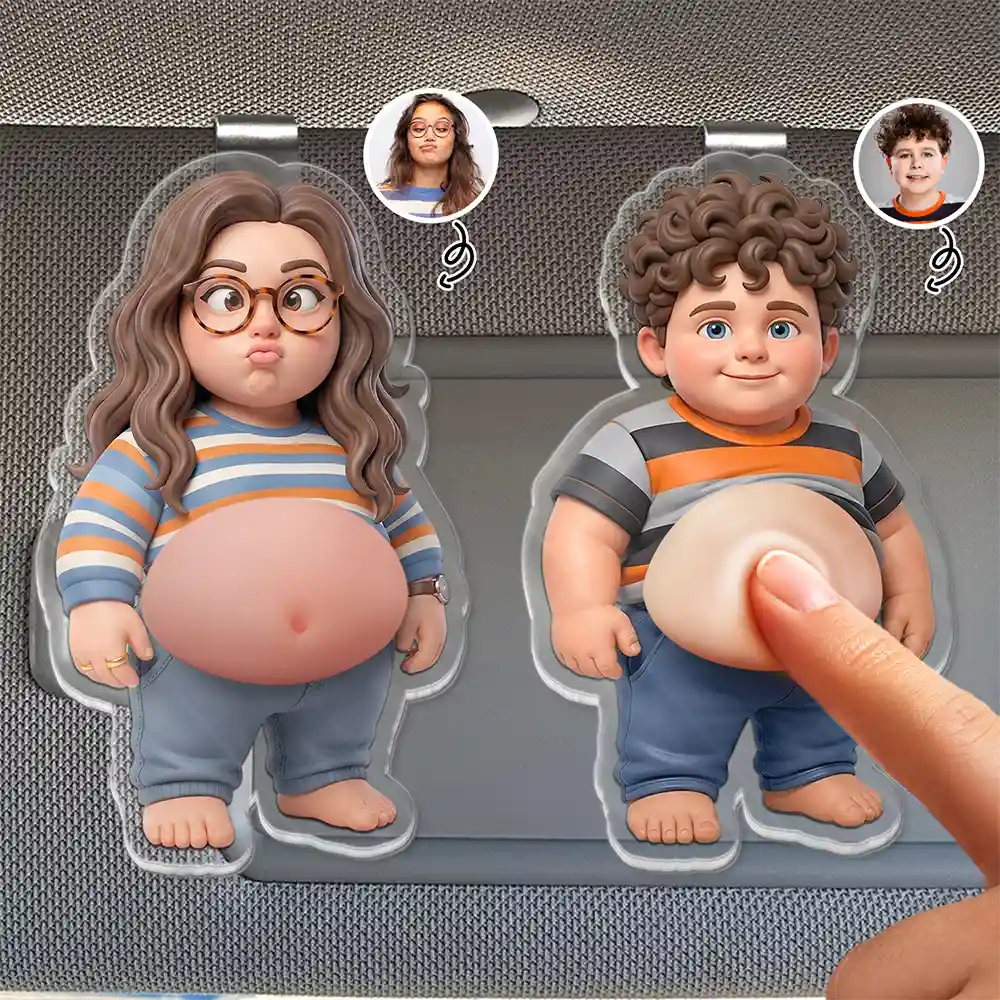 Custom Photo Cartoon Funny Belly Character Family Member And Pet - Personalized Squishy Acrylic Car Visor Clip