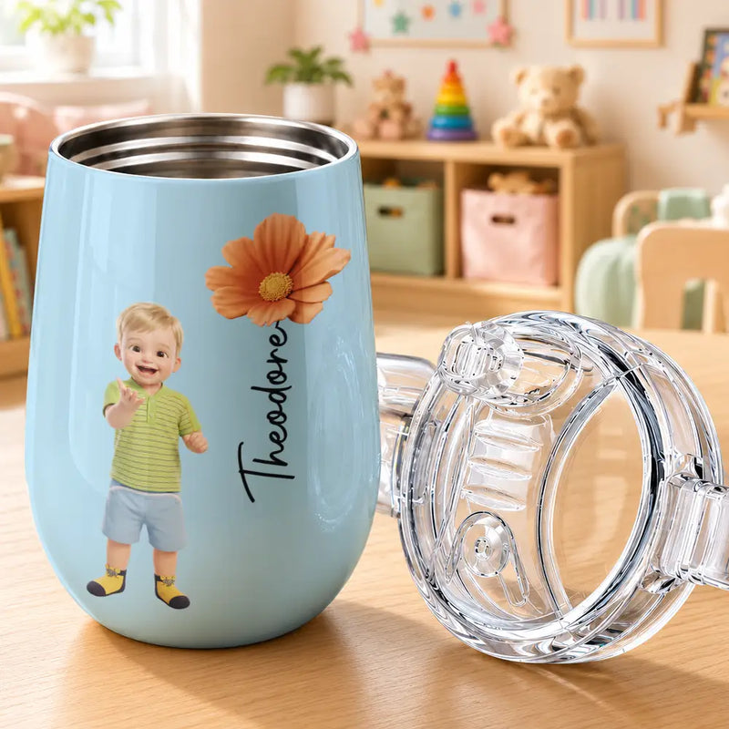 Adorable,Art Design,Back To School,Gift For Kids,Photo - Cartoon Portrait - Custom Photo Cartoon Portrait Adorable Kid With Birth Flower - Personalized Sippy Cup