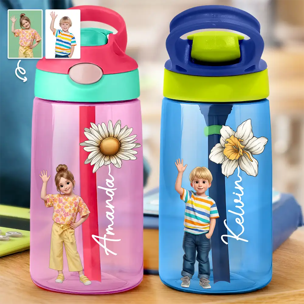 Custom Photo Cartoon Portrait Adorable Kid With Birth Month Flower - Personalized Kids Water Bottle With Straw