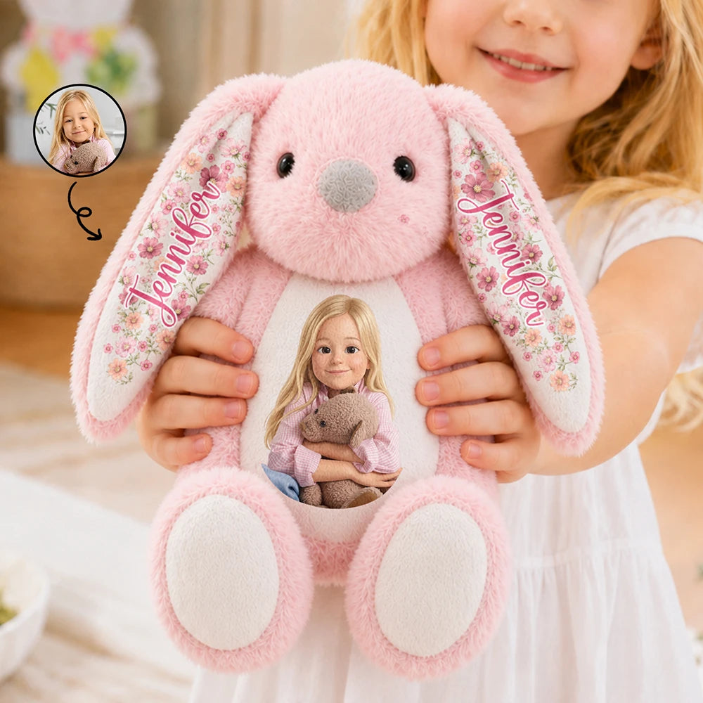 Custom Photo Cartoon Portrait Adorable Kid With Floral Ears - Personalized Soft Toy Bunny