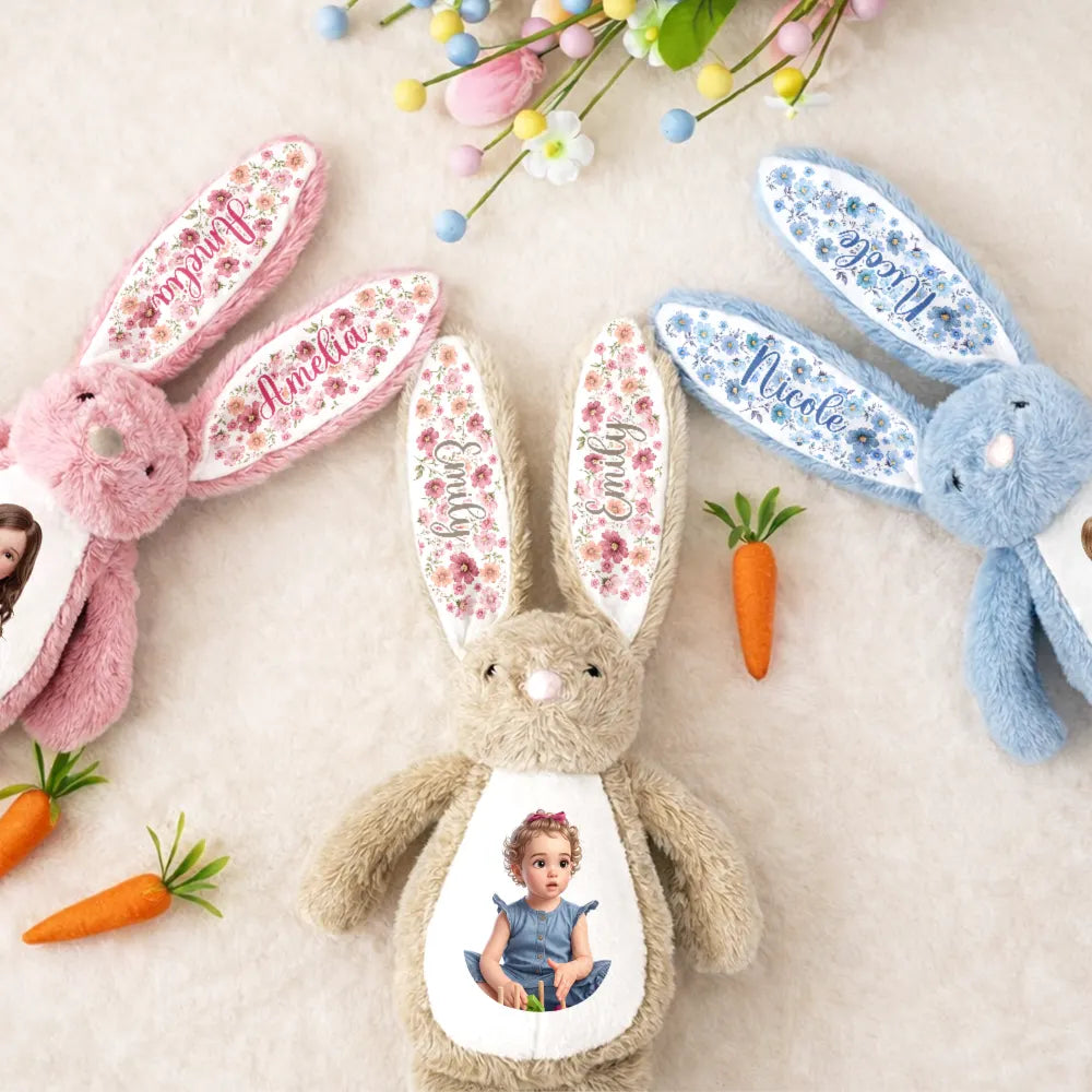 Adorable, Art Design, Gift For Kids, Photo - Cartoon Portrait - Custom Photo Cartoon Portrait Adorable Kid With Floral Ears - Personalized Soft Toy Bunny
