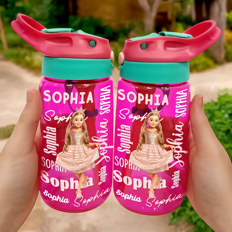 Back To School, Custom Photo, Art Design, Parents, Adorable, Photo - Cartoon Portrait - Custom Photo Cartoon Portrait Adorable Kids With Name - Personalized Kids Water Bottle With Straw