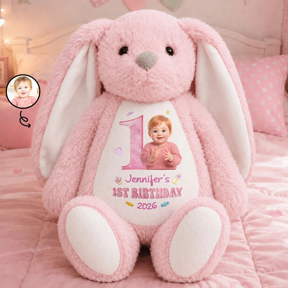 Custom Photo Cartoon Portrait Baby First Birthday Christmas Easter - Personalized Soft Toy Bunny