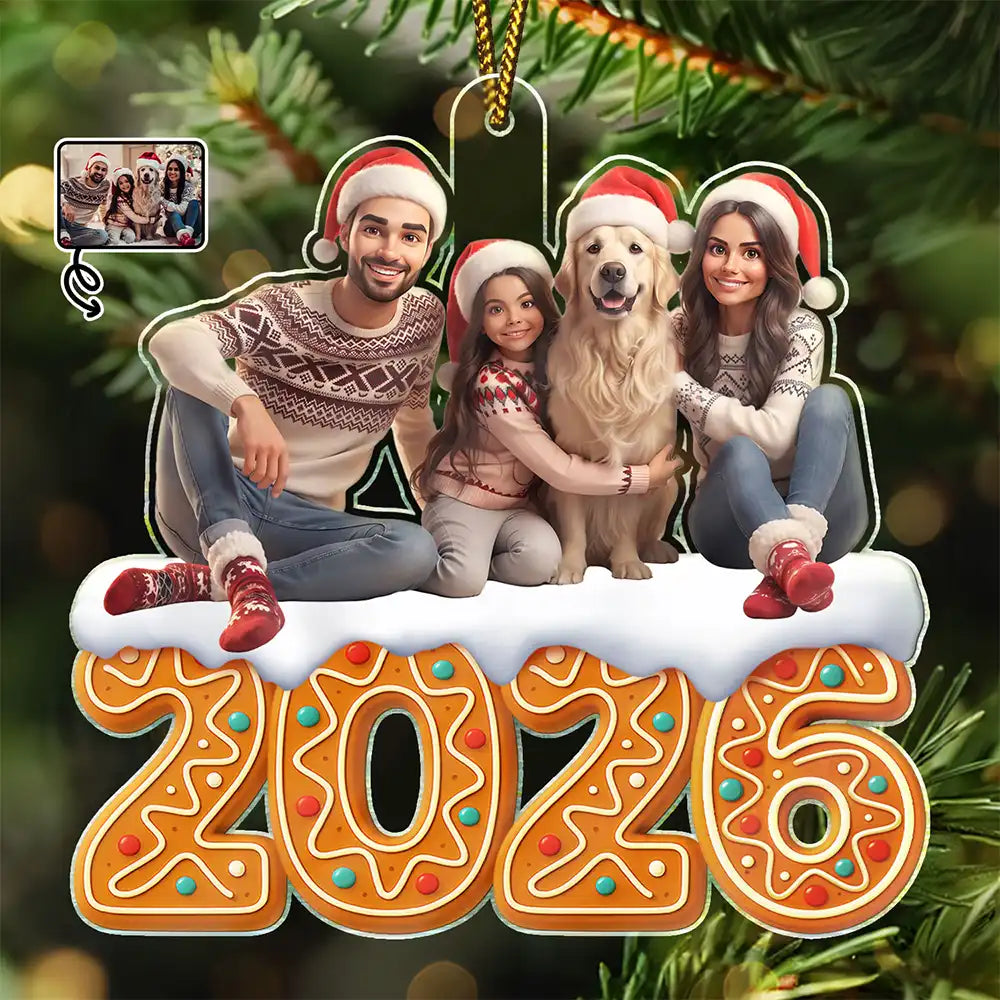 Custom Photo Cartoon Portrait Christmas Gingerbread Family - Personalized Custom Shaped Acrylic Ornament