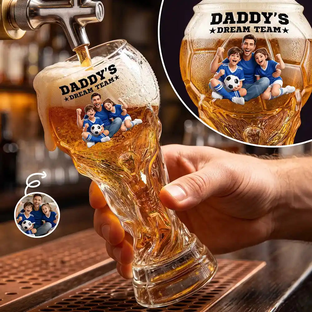 Custom Photo Cartoon Portrait Daddy's Dream Team Soccer - Personalized Beer Glass