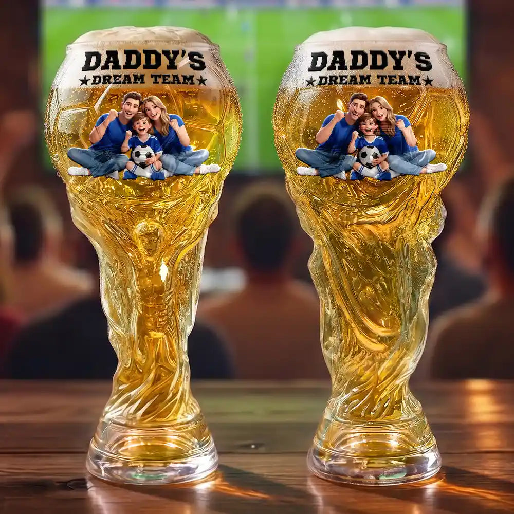 Gift For Father, Custom Photo, Art Design, Football (Soccer), Playful, Photo - Cartoon Portrait - Custom Photo Cartoon Portrait Daddy's Dream Team Soccer - Personalized Beer Glass