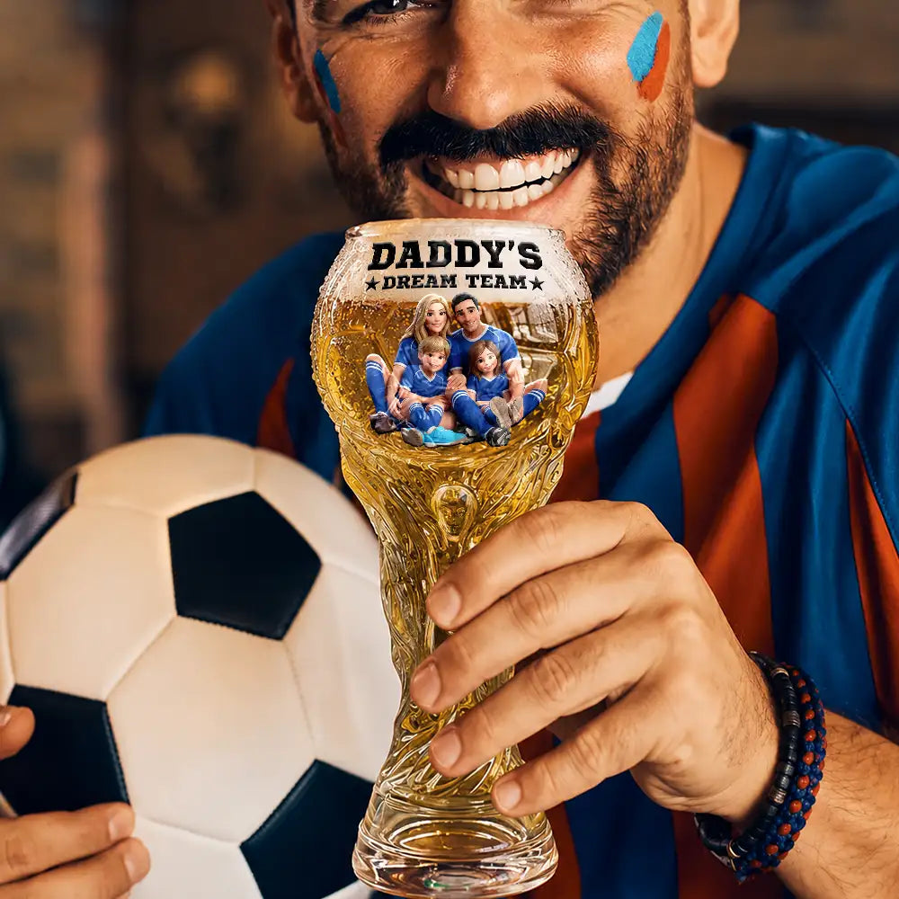 Gift For Father, Custom Photo, Art Design, Football (Soccer), Playful, Photo - Cartoon Portrait - Custom Photo Cartoon Portrait Daddy's Dream Team Soccer - Personalized Beer Glass