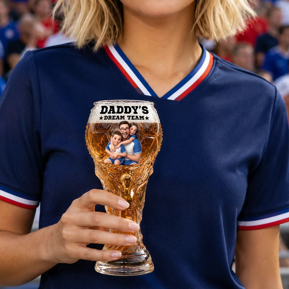 Gift For Father, Custom Photo, Art Design, Football (Soccer), Playful, Photo - Cartoon Portrait - Custom Photo Cartoon Portrait Daddy's Dream Team Soccer - Personalized Beer Glass