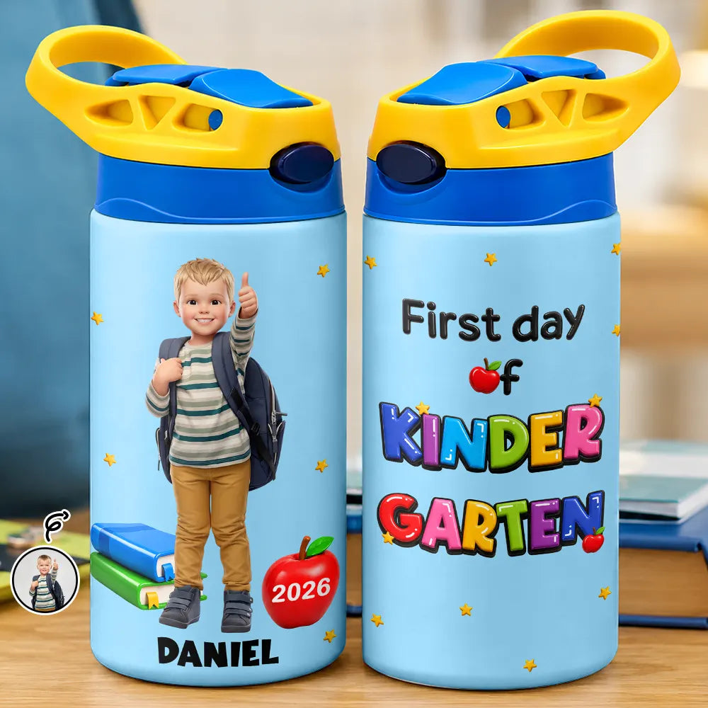 Custom Photo Cartoon Portrait First Day Of Kindergarten - Personalized Insulated Water Bottle With Straw