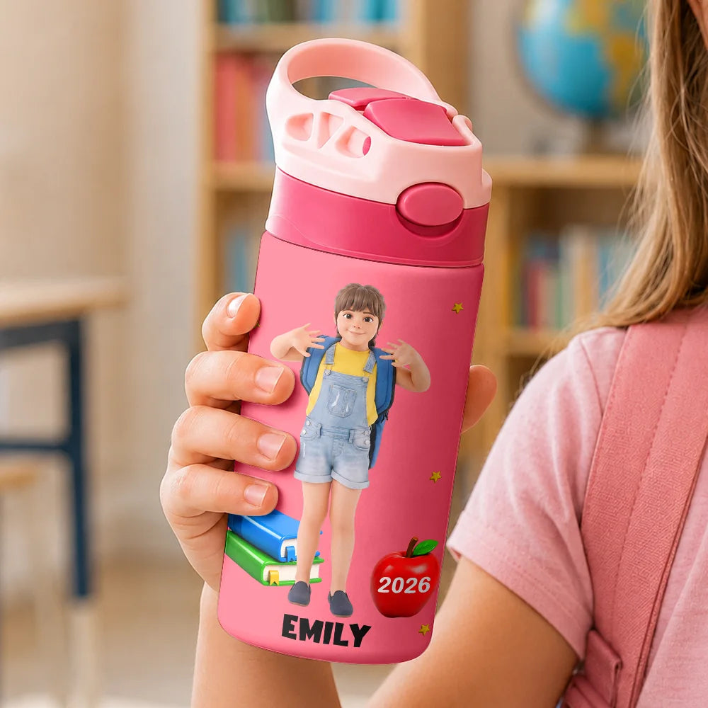 Adorable,Art Design,Back To School,Gift For Kids,Photo - Cartoon Portrait - Custom Photo Cartoon Portrait First Day Of Kindergarten - Personalized Insulated Water Bottle With Straw
