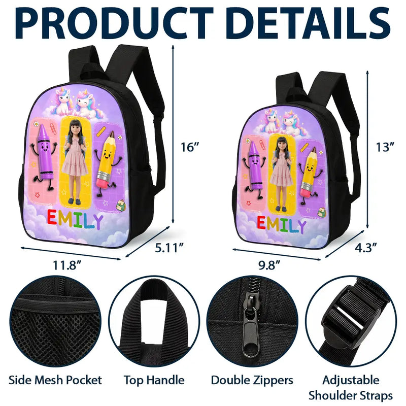 Adorable,Art Design,Back To School,Gift For Kids,Photo - Cartoon Portrait - Custom Photo Cartoon Portrait Happy Kid With School Supplies - Personalized Kids Backpack