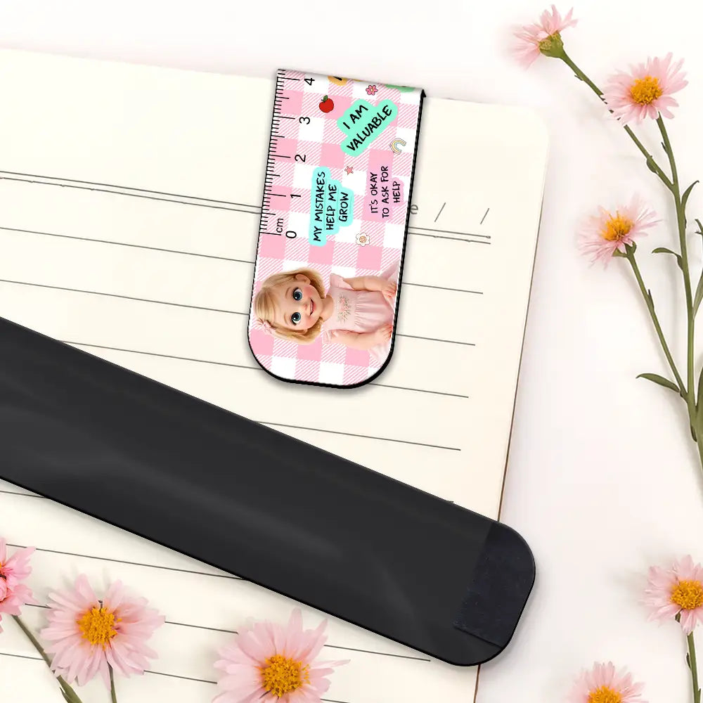 Adorable,Art Design,Back To School,Reading,Gift For Kids,Photo - Cartoon Portrait - Custom Photo Cartoon Portrait Kid Affirmation Ruler - Personalized Custom Shaped Magnetic Bookmark Clip