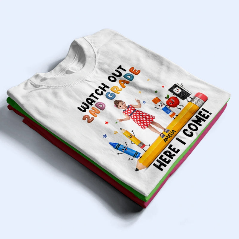 Adorable,Art Design,Back To School,Gift For Kids,Photo - Cartoon Portrait - Custom Photo Cartoon Portrait Kid Watch Out Kindergarten Here I Come - Personalized T Shirt