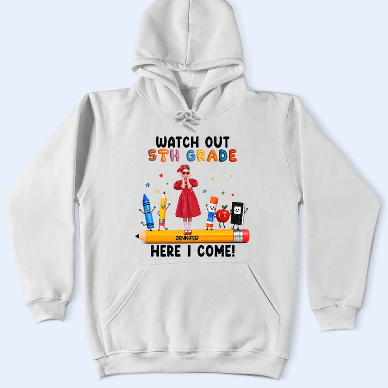 Adorable,Art Design,Back To School,Gift For Kids,Photo - Cartoon Portrait - Custom Photo Cartoon Portrait Kid Watch Out Kindergarten Here I Come - Personalized T Shirt