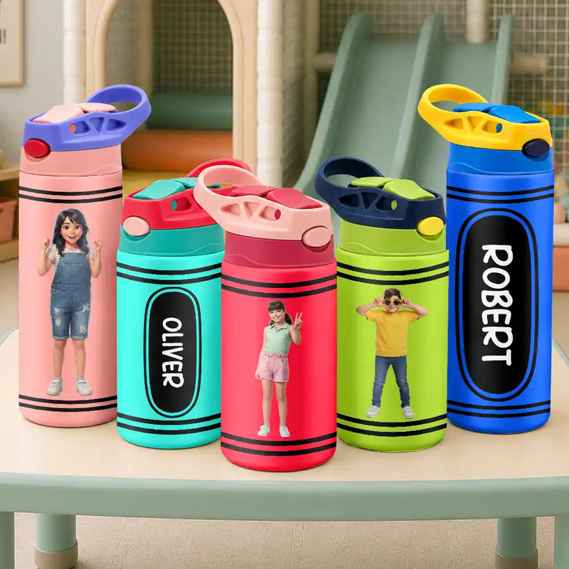 Adorable,Art Design,Back To School,Gift For Kids,Photo - Cartoon Portrait - Custom Photo Cartoon Portrait Kid With Colorful Crayons - Personalized Insulated Water Bottle With Straw