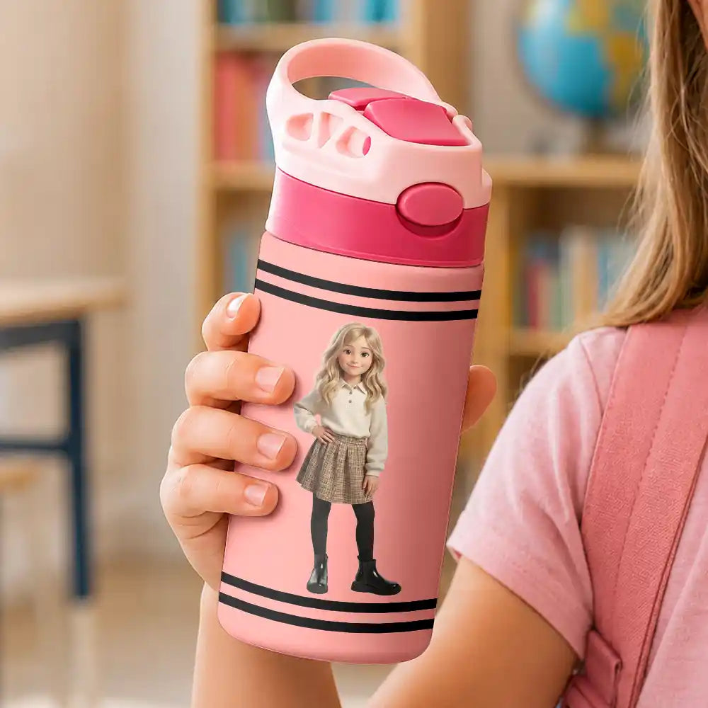 Adorable,Art Design,Back To School,Gift For Kids,Photo - Cartoon Portrait - Custom Photo Cartoon Portrait Kid With Colorful Crayons - Personalized Insulated Water Bottle With Straw