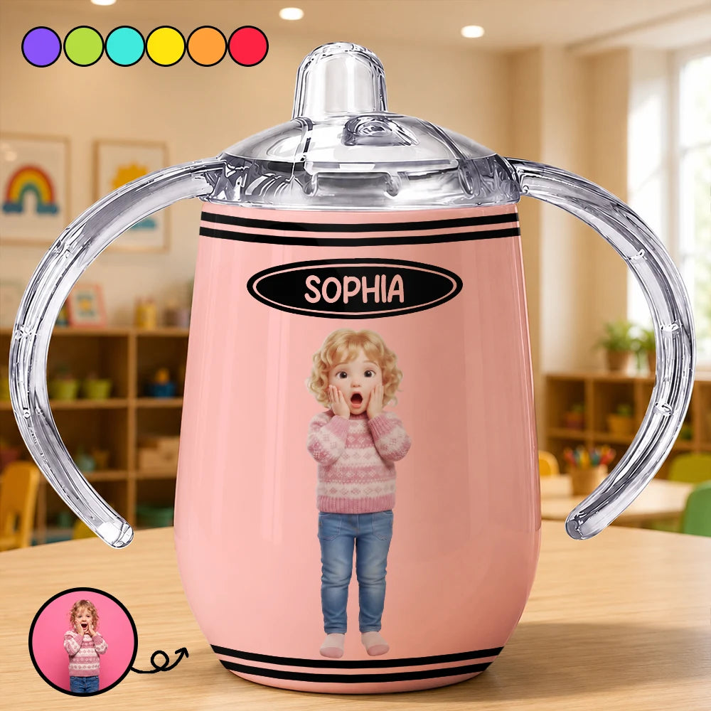 Custom Photo Cartoon Portrait Kid With Colorful Crayons - Personalized Sippy Cup