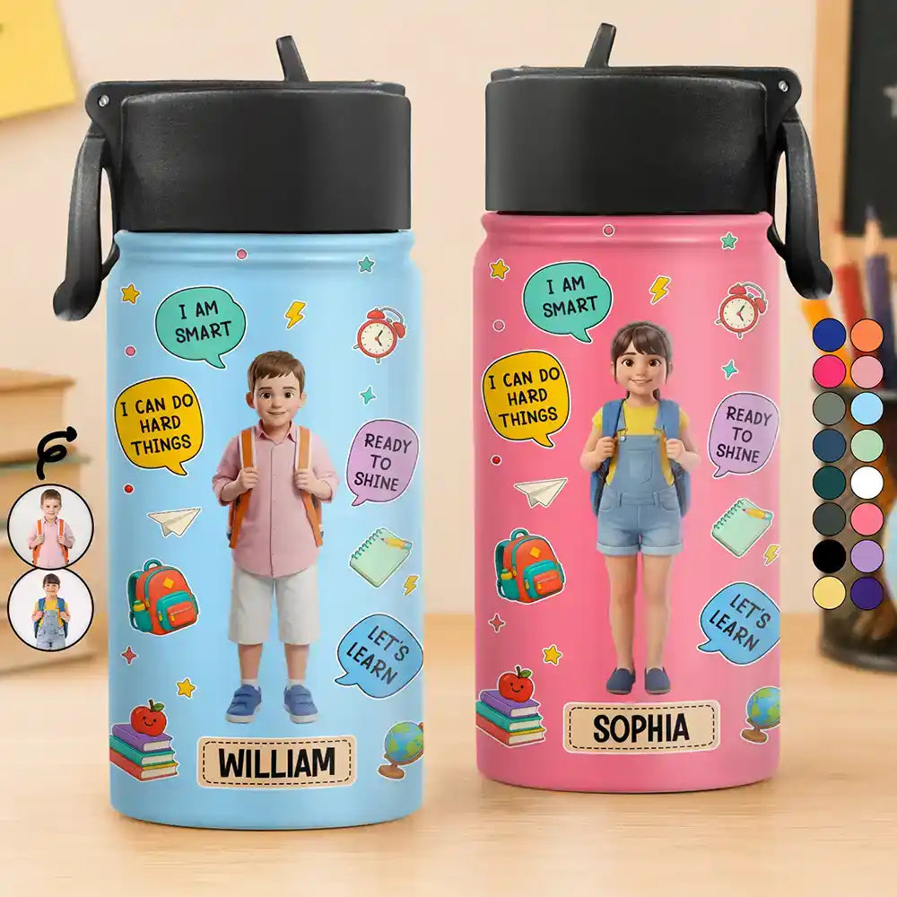 Custom Photo Cartoon Portrait Kids Ready To Shine - Personalized Kids Water Bottle